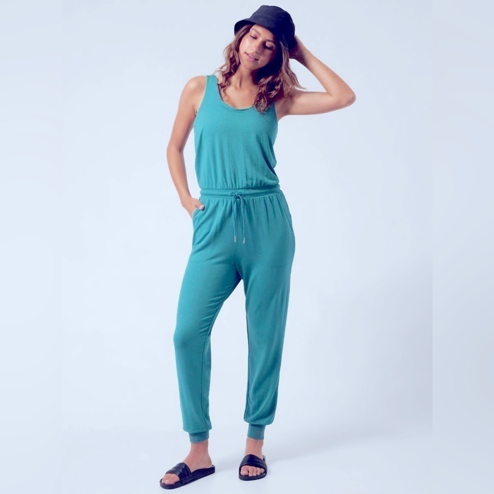 NWT Athleta Balance Jumpsuit Soft Modal Blue Teal Sleeveless Lounge Sz L